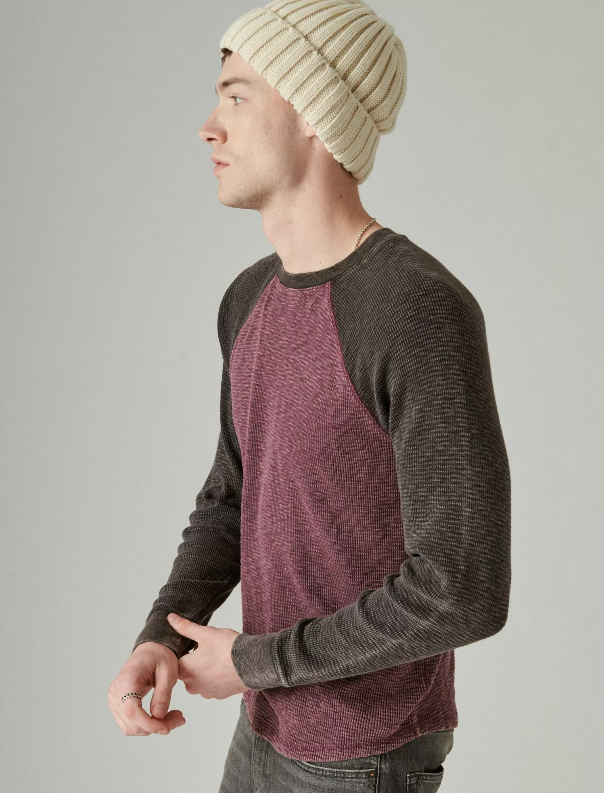 Lucky Brand Shirts & Tops*acid wash colorblock thermal crew burgundy multi