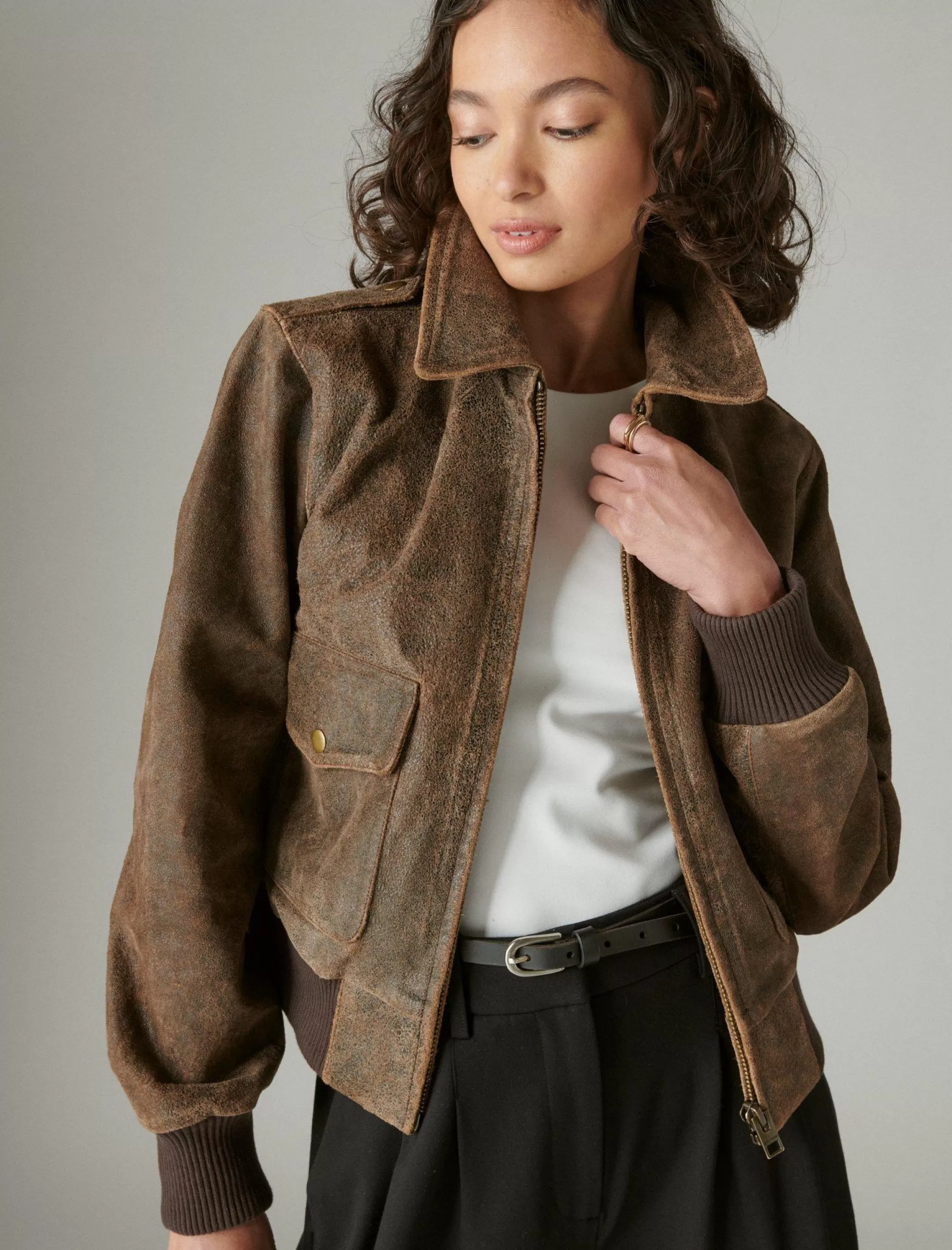 distressed_cropped_leather_bomber_jacket_2.webp Lucky Brand Jackets & Outerwear*distressed cropped leather bomber jacket brown