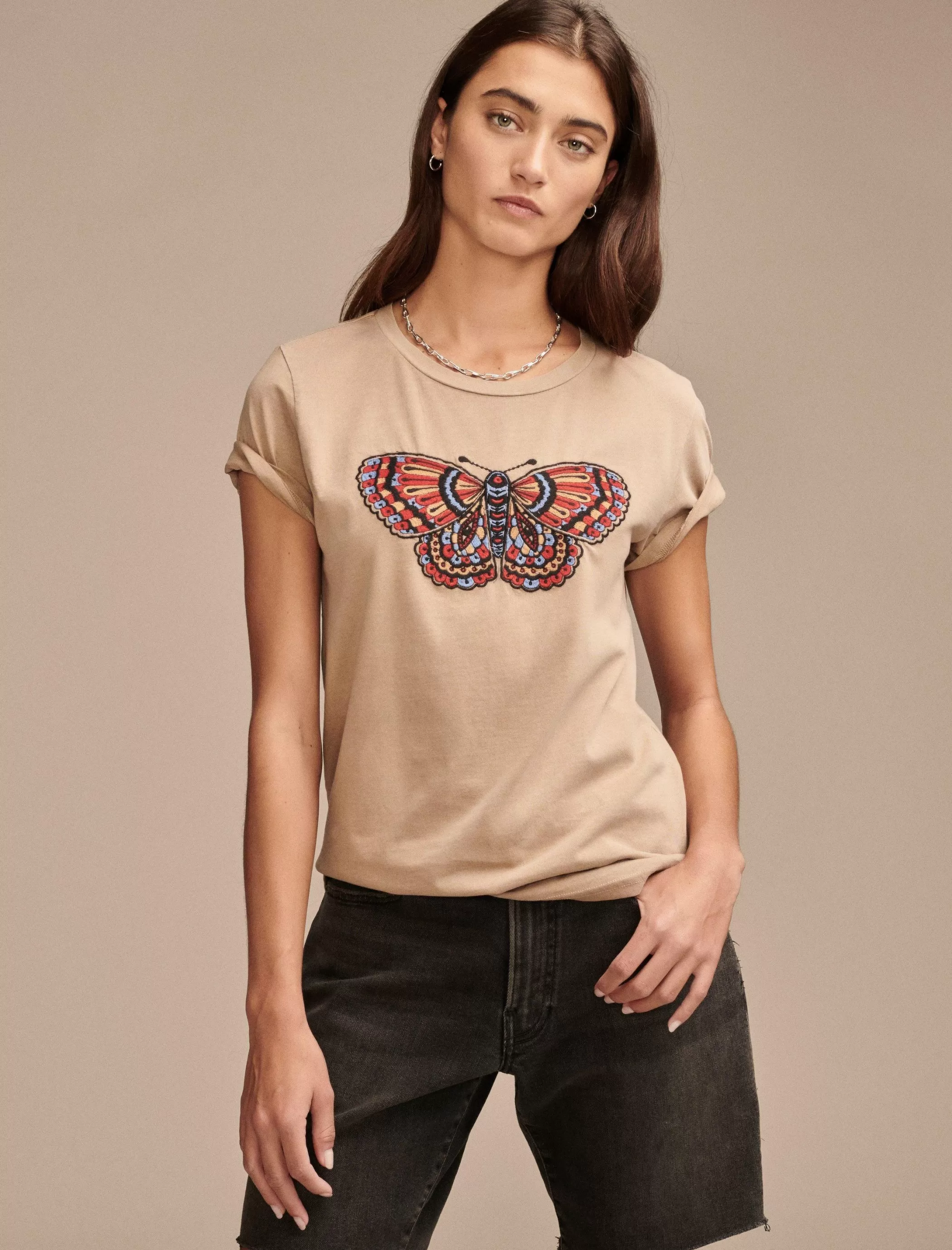 Lucky Brand Graphic Tees*multi color butterfly classic crew light taupe